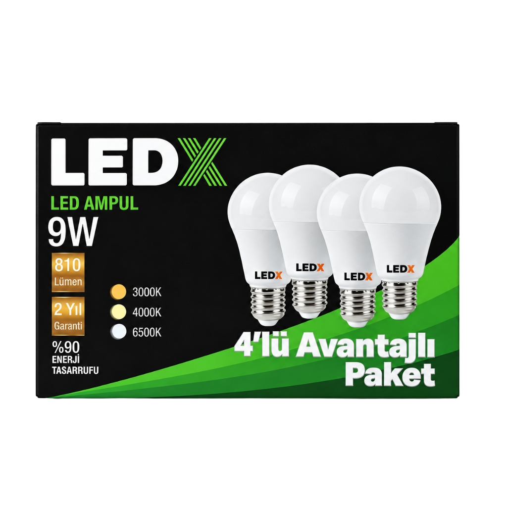 LEDX 9W LED Ampul Beyaz 4'lü Paket Koli:100